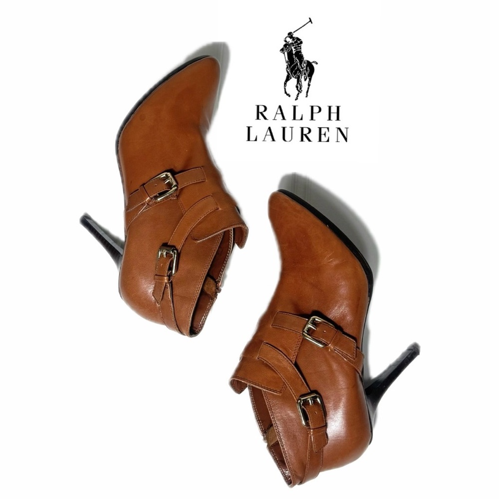 EUC! RALPH LAUREN Women's Tan Heeled Boots with gold buckle Size 8.5